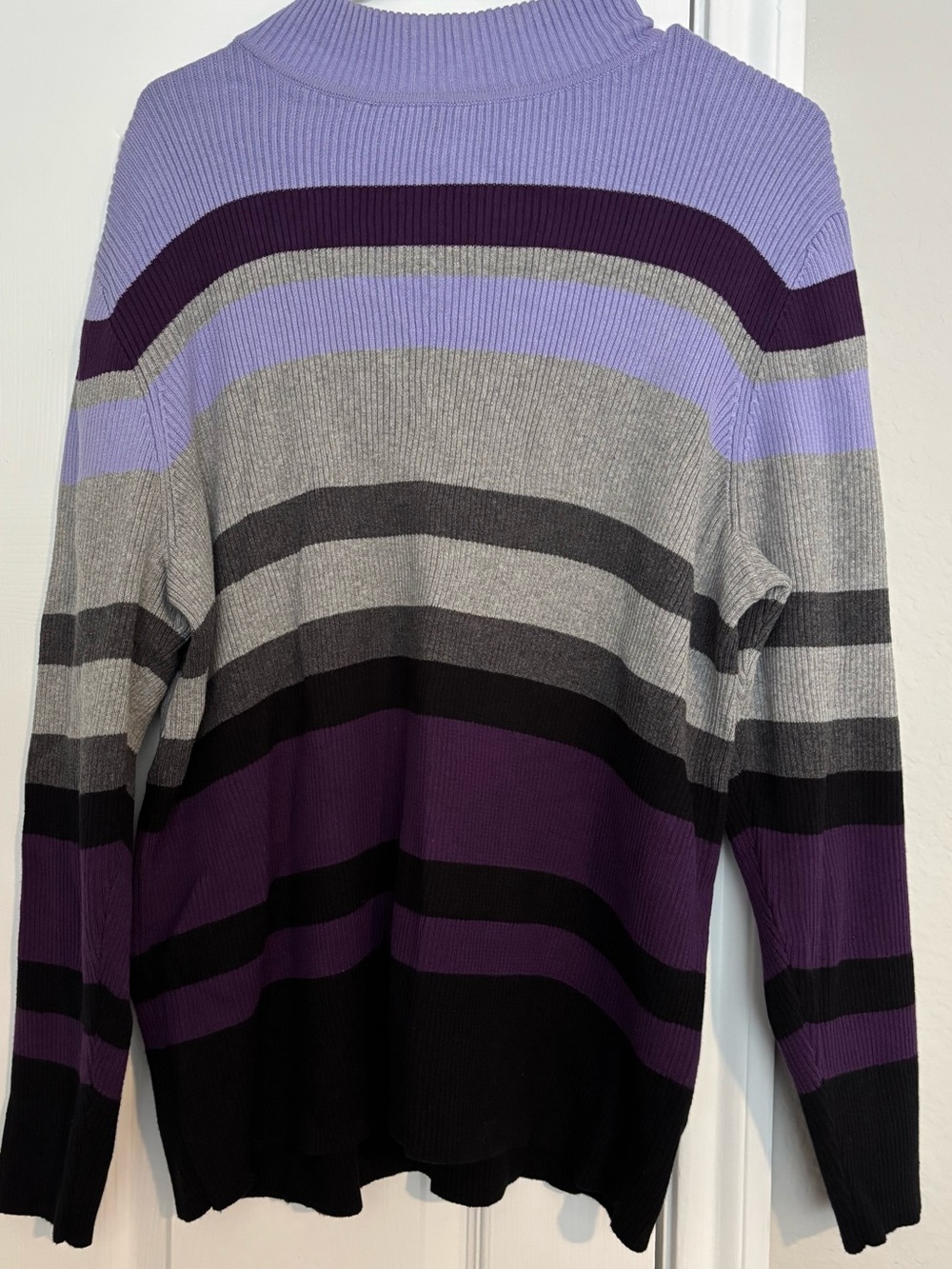Karen Scott Lavender, Purple, Gray and Black Striped Turtleneck Sweater